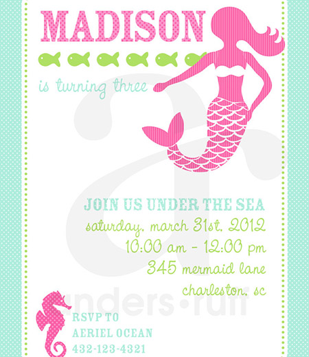 Mermaid Under the Sea Birthday Party Printable Invitation - Pink and Aqua